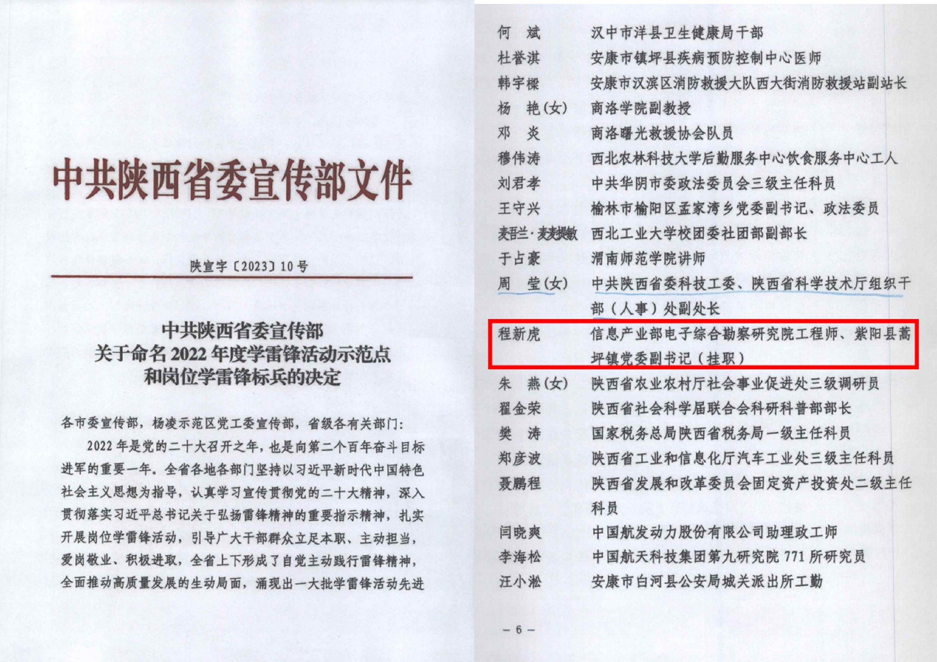 我院派出掛職干部程新虎同志榮獲 中共陜西省委宣傳部2022年度 崗位學雷鋒標兵稱號